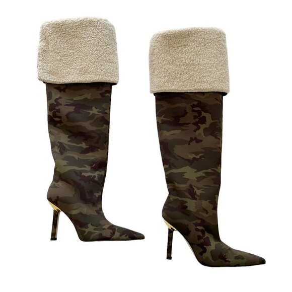 Good American Women Sz 7.5 Camouflage Sherpa Calf Thigh High Boots Sold Out NIB - Picture 2 of 11